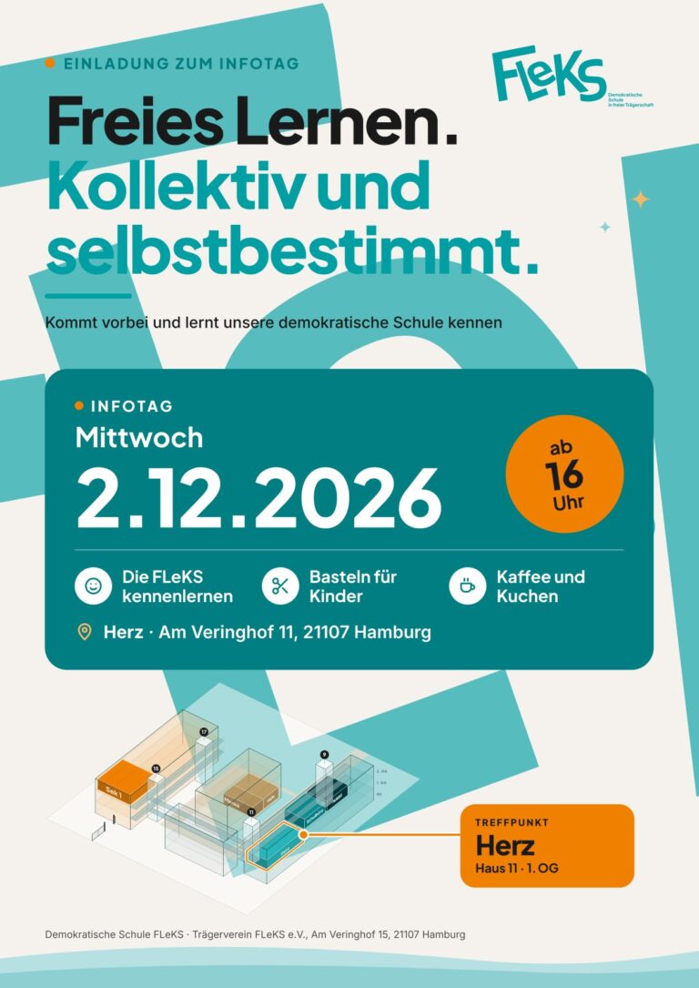 Plakat zum Infotag der FLeKS am 2. Dezember 2026 mit Lageplan des Veringhofs; der Treffpunkt Herz in Haus 11, 1. OG ist markiert